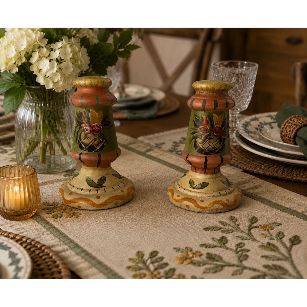 Tracy Porter Ceramic Hand Painted Floral Vintage  Candlestick Holders Set of 2